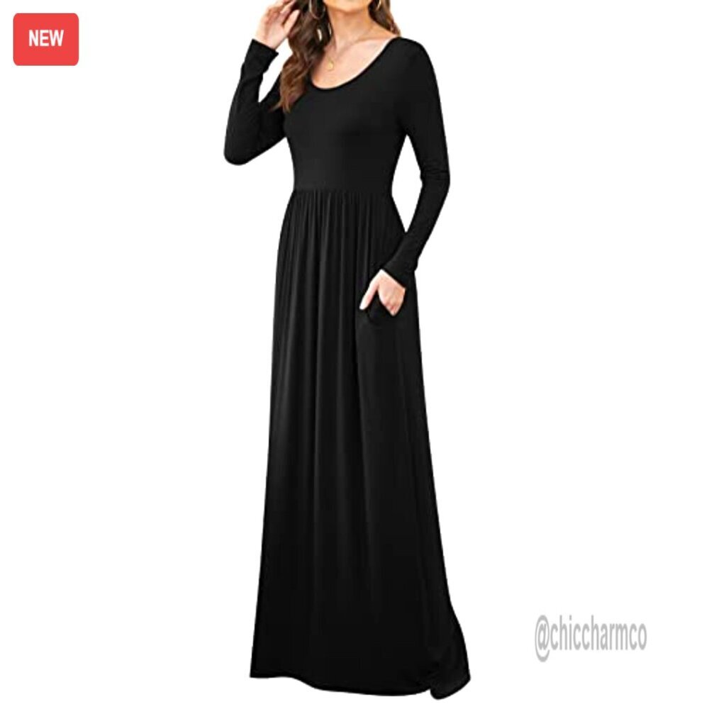 Long Sleeve Maxi Dress Empire Waist with Pockets Casual Stretchy Fabric - Picture 5 of 7